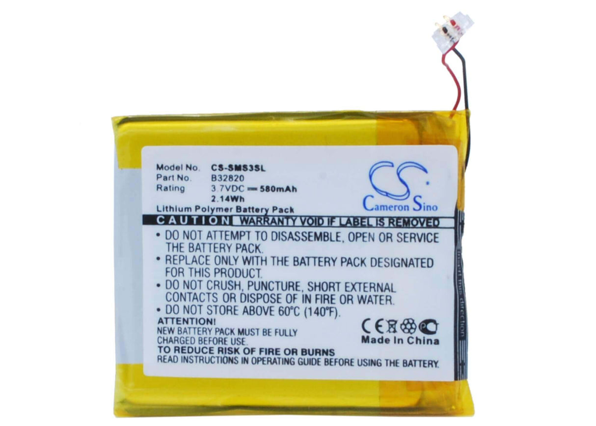 3.7V, Li-Polymer, 580mAh, Media Player battery fits Samsung, B32820, Yp-s3aw, Yp-s3aw/xsh, 2.15Wh Media Player Cameron Sino Technology Limited