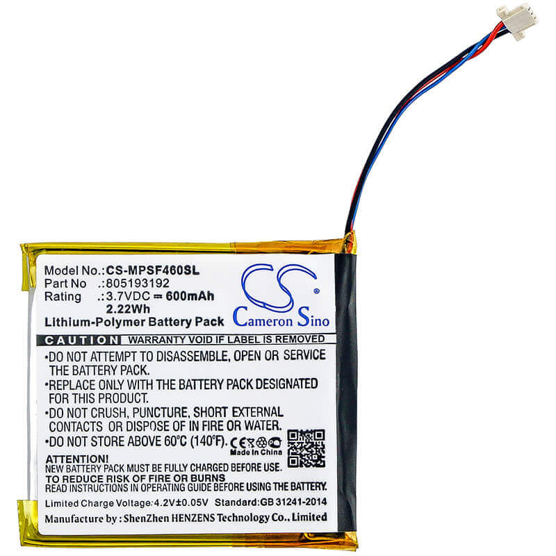 3.7V, Li-Polymer, 600mAh, Media Player battery fits Sandisk, 805193192, Sansa Smdx10r-8192k-p70, Sansa View, 2.22Wh Media Player Cameron Sino Technology Limited