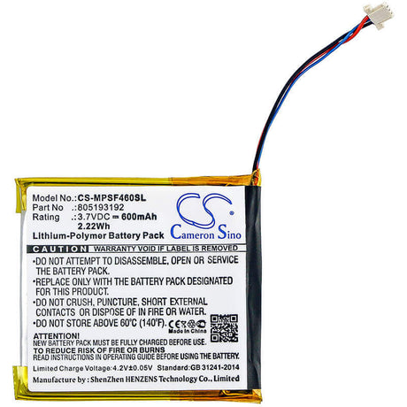 3.7V, Li-Polymer, 600mAh, Media Player battery fits Sandisk, 805193192, Sansa Smdx10r-8192k-p70, Sansa View, 2.22Wh Media Player Cameron Sino Technology Limited