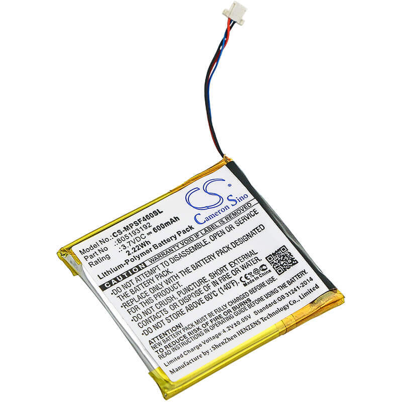 3.7V, Li-Polymer, 600mAh, Media Player battery fits Sandisk, 805193192, Sansa Smdx10r-8192k-p70, Sansa View, 2.22Wh Media Player Cameron Sino Technology Limited