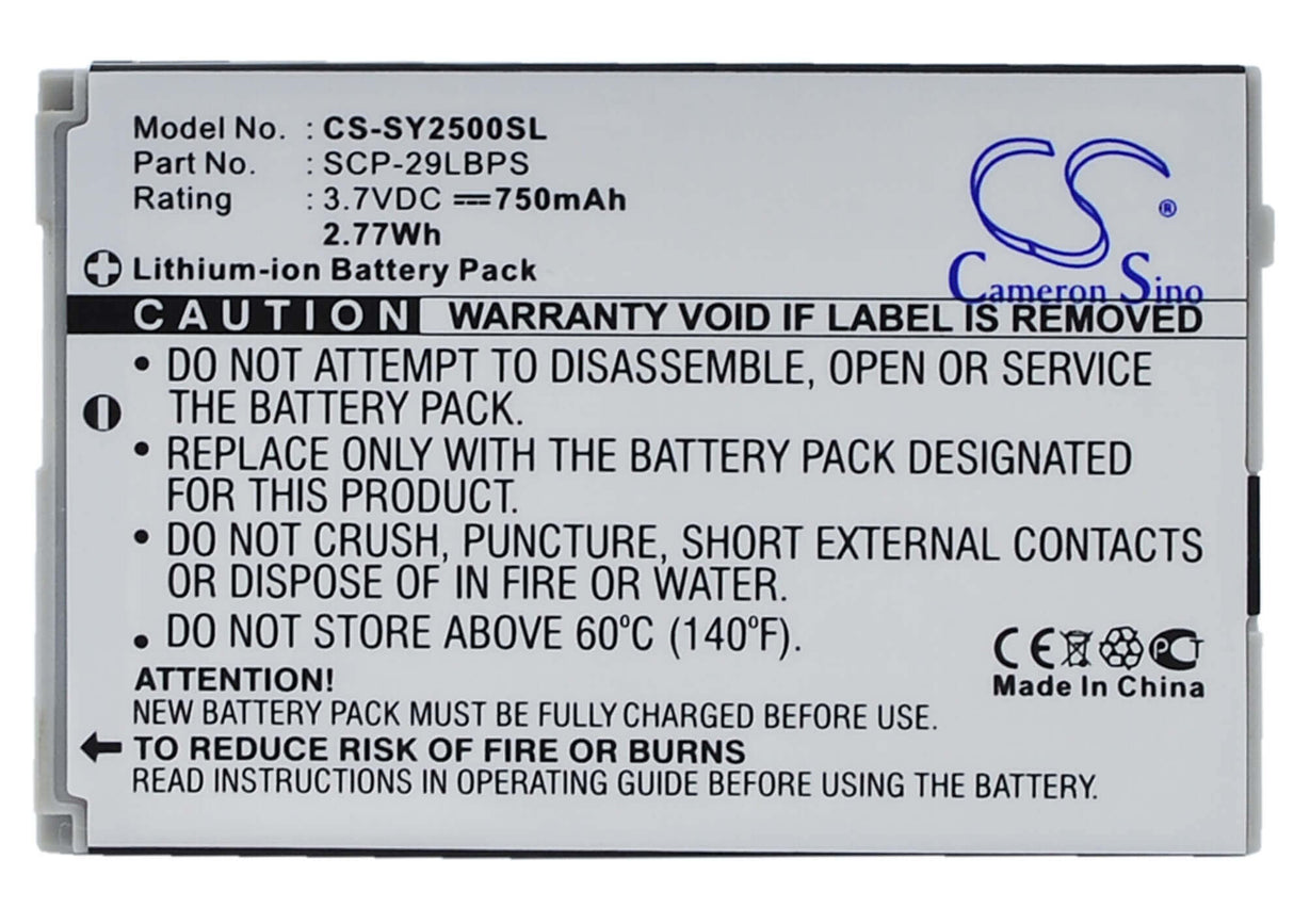 3.7V, Li-ion, 750mAh, SmartPhone battery fits Sanyo, Scp-29lbps, S1, Scp-2500, 2.78Wh Mobile, SmartPhone Cameron Sino Technology Limited (Suspended)