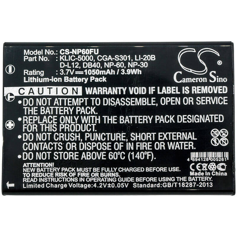 Camera Battery For NP-60 fits many models of camera 3.7v, 1050mah - 3.89wh Camera Cameron Sino Technology Limited (Camera)