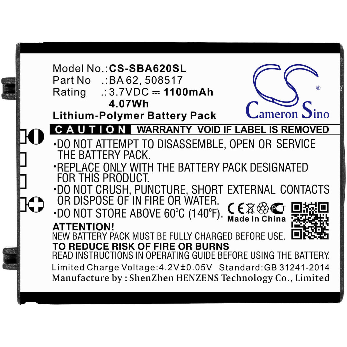 3.7V, Li-Polymer, 1100mAh, Headset battery fits Sennheiser, 508517, L 6000, Lm 6062, 4.07Wh Wireless Headset Cameron Sino Technology Limited