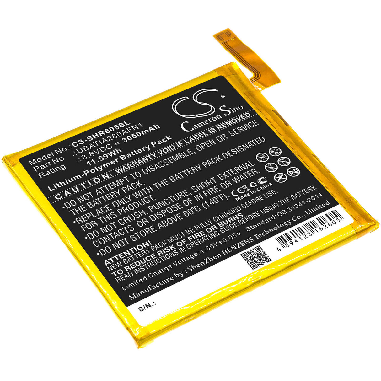 3.8V, Li-Polymer, 3050mAh, SmartPhone battery fits Sharp, Ubatia280afn1, 605sh, Aquos R, 11.59Wh Mobile, SmartPhone Cameron Sino Technology Limited (Smartphone)