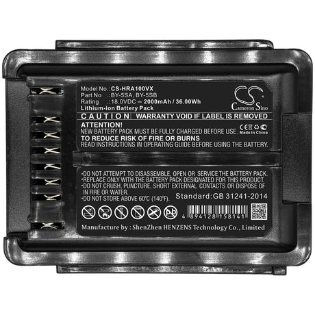 18.0V, Li-ion, 2000mAh, Vacuum battery fits Sharp, Ec-a1r, Ec-a1rcn-p, Ec-a1rcn-y, 36.00Wh Vacuum Cameron Sino Technology Limited