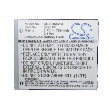 3.7V, Li-ion, 700mAh, SmartPhone battery fits Vodafone, Shbu01, S602sh, V602sh, 2.59Wh Mobile, SmartPhone Cameron Sino Technology Limited (Suspended)