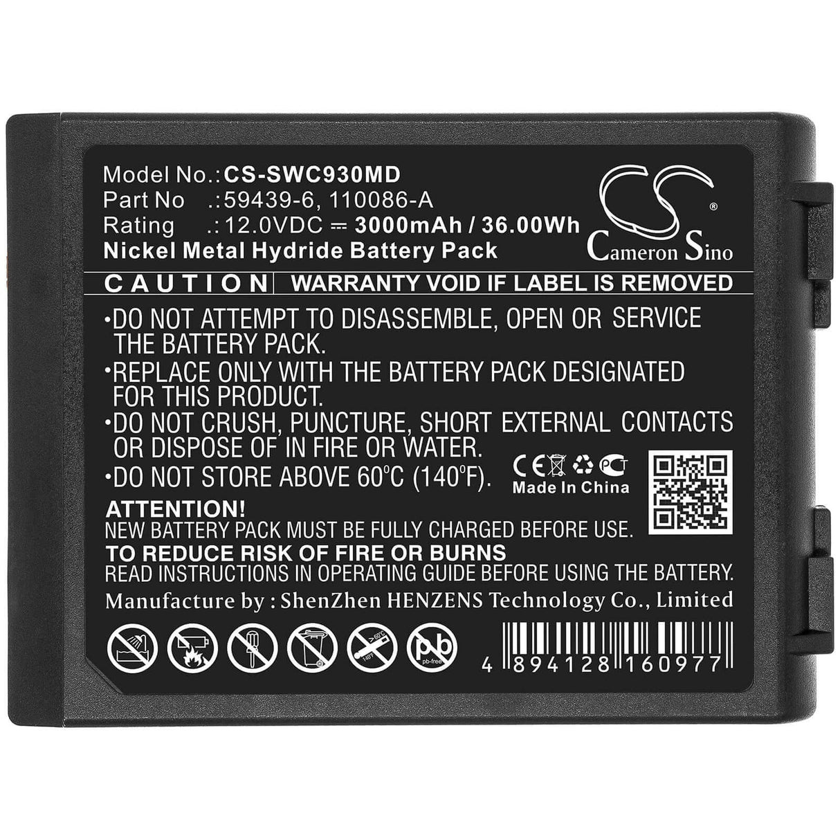 12.0V, Ni-MH, 3000mAh, Medical battery fits Artema, Simonson-wheel, 110086-a, Cardio Aid 100, 36.00Wh Medical Cameron Sino Technology Limited (Medical)