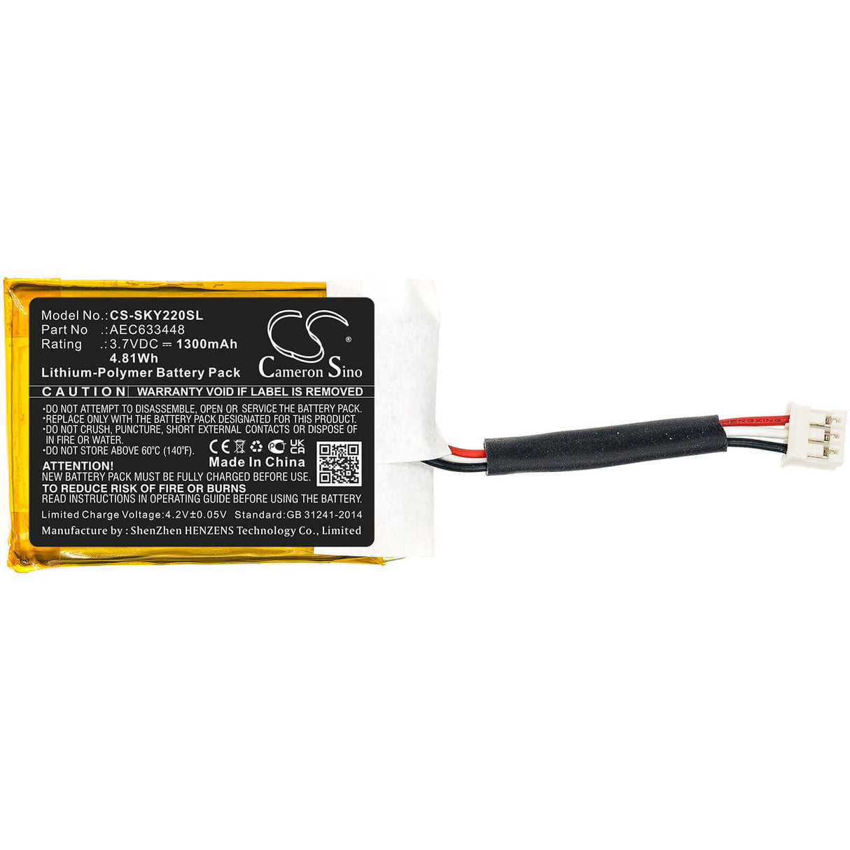 3.7V, Li-Polymer, 1300mAh, Speaker battery fits Skullcandy, Ambush, Y22-sk2013008, 4.81Wh Speaker Cameron Sino Technology Limited