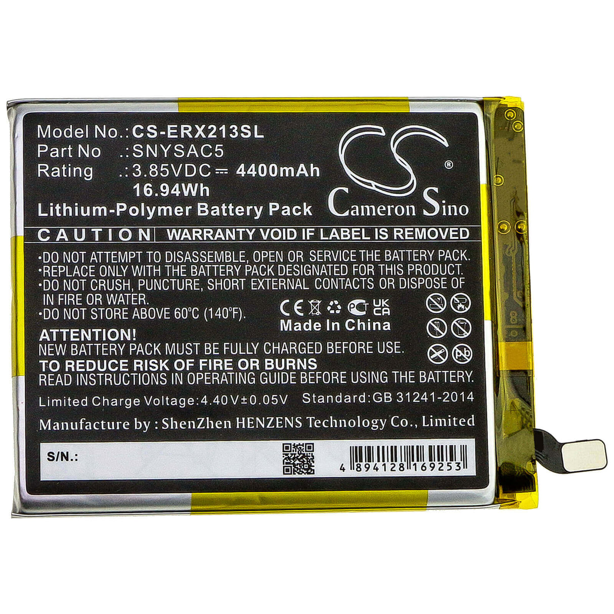 3.85V, Li-Polymer, 4400mAh, SmartPhone battery fits Sony, Snysac5, A102so, Pdx-213, 16.94Wh Mobile, SmartPhone Cameron Sino Technology Limited (Smartphone)