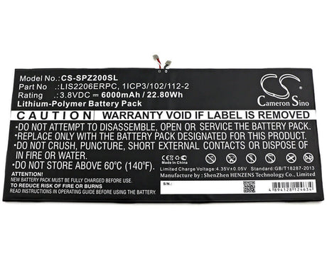3.8V, Li-Polymer, 6000mAh, Tablet battery fits Sony, 1277-3631.1b, Castor, Sgp511, 22.80Wh Tablet Cameron Sino Technology Limited
