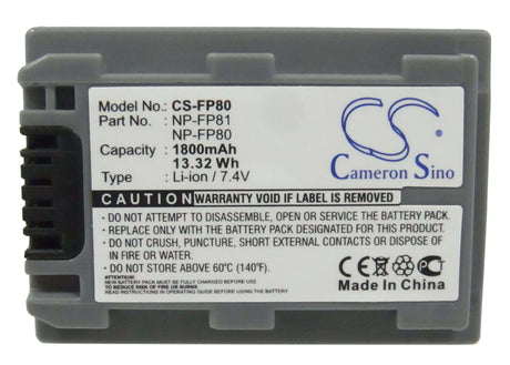 7.4V, Li-ion, 1800mAh, Camera battery fits Sony, Np-fp80, Dcr-30, Dcr-dvd103, 13.32Wh Camera Cameron Sino Technology Limited (Camera)
