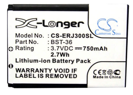 3.7V, Li-ion, 750mAh, SmartPhone battery fits Sony Ericsson, Bst-36, J300, J300a, 2.78Wh Mobile, SmartPhone Cameron Sino Technology Limited (Suspended)