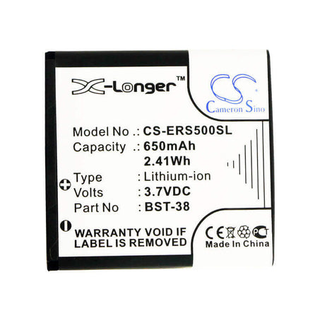 3.7V, Li-ion, 650mAh, SmartPhone battery fits Sony Ericsson, Bst-38, C510, C902, 2.41Wh Mobile, SmartPhone Cameron Sino Technology Limited (Suspended)