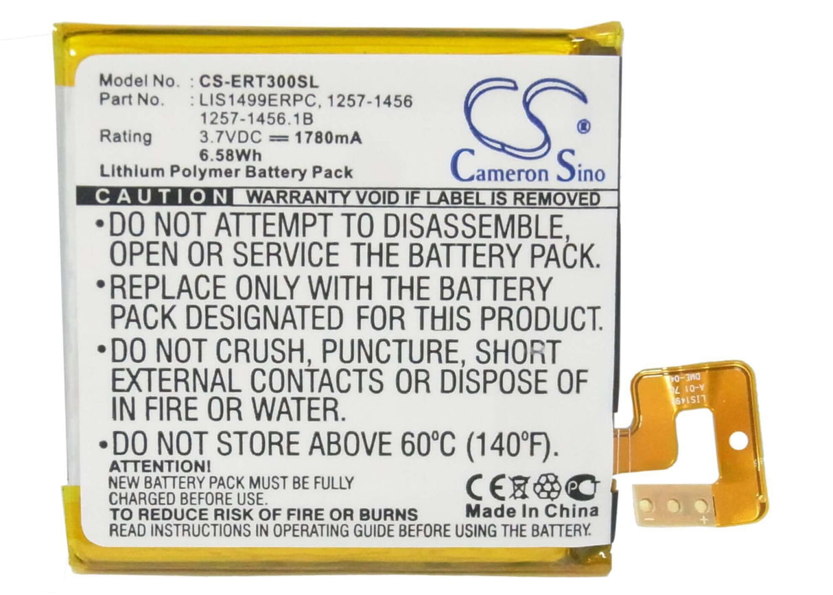 3.7V, Li-Polymer, 1780mAh, SmartPhone battery fits Sony Ericsson, 1257-1456, Lt30a, Lt30at, 6.59Wh Mobile, SmartPhone Cameron Sino Technology Limited (Smartphone)