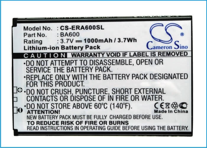3.7V, Li-ion, 1000mAh, SmartPhone battery fits Sony Ericsson, Ba600, Kumquat, St25, 3.7Wh Mobile, SmartPhone Cameron Sino Technology Limited (Smartphone)
