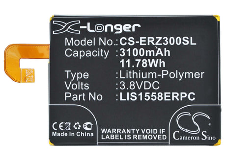 3.8V, Li-Polymer, 3100mAh, SmartPhone battery fits Sony Ericsson, Lis1558erpc, D6603, D6616, 11.78Wh Mobile, SmartPhone Cameron Sino Technology Limited (Smartphone)