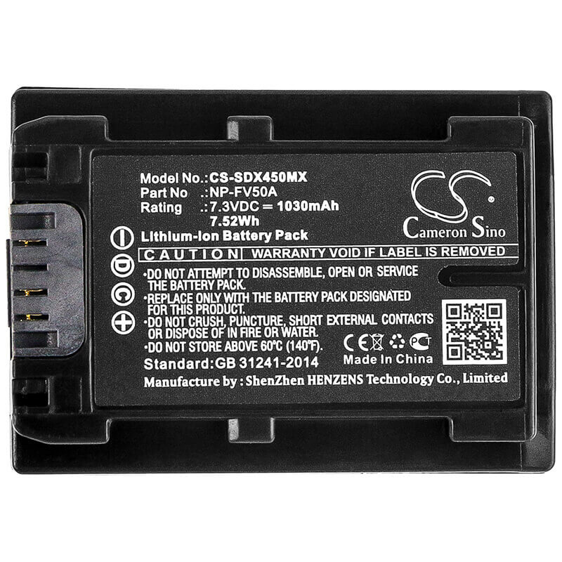 7.3V, Li-ion, 1030mAh, Camera battery fits Sony, Np-fv50a, Fdr-ax33, Fdr-ax40, 7.519Wh Camera Cameron Sino Technology Limited (Camera)