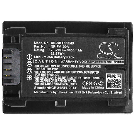 7.3V, Li-ion, 3050mAh, Camera battery fits Sony, Np-fv100a, Fdr-ax33, Fdr-ax40, 22.265Wh Camera Cameron Sino Technology Limited (Camera)