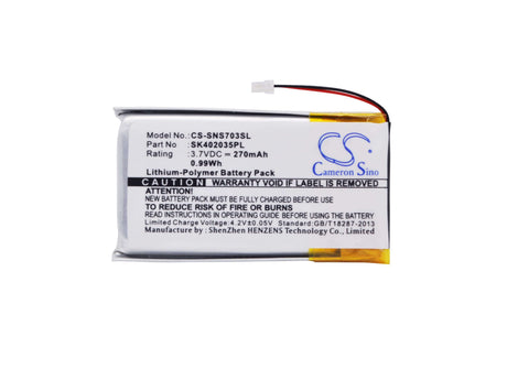 3.7V, Li-Polymer, 270mAh, Media Player battery fits Sony, Sk402035pl, Nw-s603f, Nw-s703f, 1Wh Media Player Cameron Sino Technology Limited (Suspended)