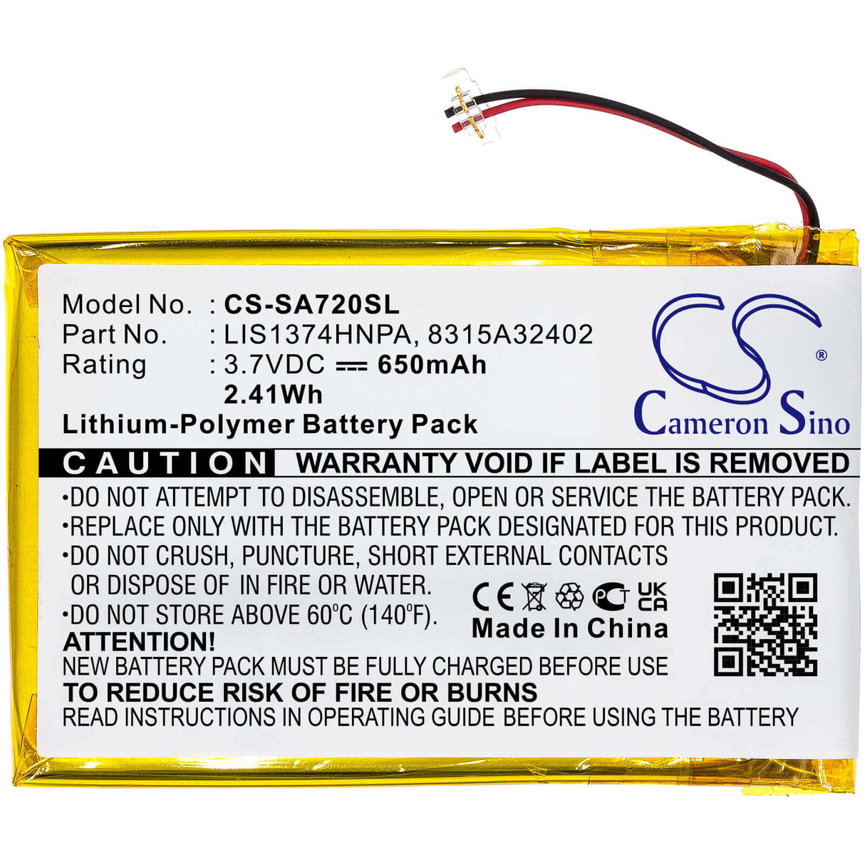 3.7V, Li-Polymer, 650mAh, Media Player battery fits Sony, 1-756-702-11, Nwz-820, Nwz-a720, 2.41Wh Media Player Cameron Sino Technology Limited