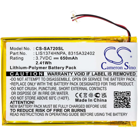 3.7V, Li-Polymer, 650mAh, Media Player battery fits Sony, 1-756-702-11, Nwz-820, Nwz-a720, 2.41Wh Media Player Cameron Sino Technology Limited
