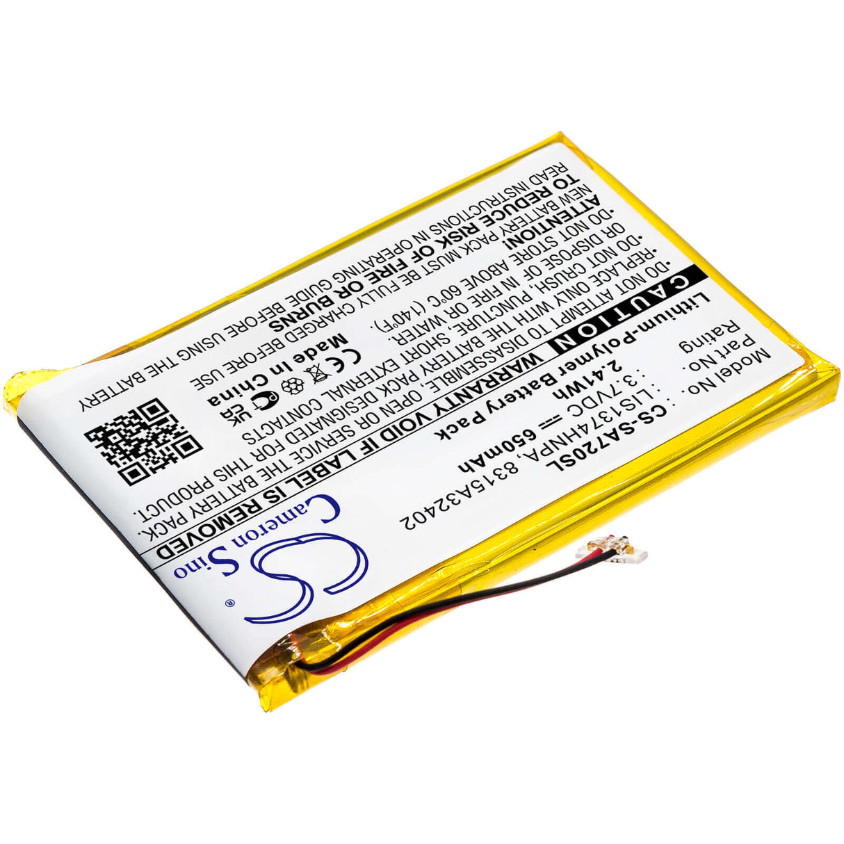 3.7V, Li-Polymer, 650mAh, Media Player battery fits Sony, 1-756-702-11, Nwz-820, Nwz-a720, 2.41Wh Media Player Cameron Sino Technology Limited