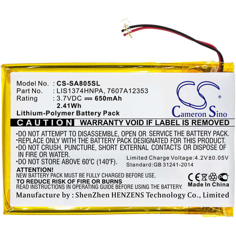 3.7V, Li-Polymer, 650mAh, Media Player battery fits Sony, 1-756-702-11, Nw-a805, Nw-a805b, 2.41Wh Media Player Cameron Sino Technology Limited