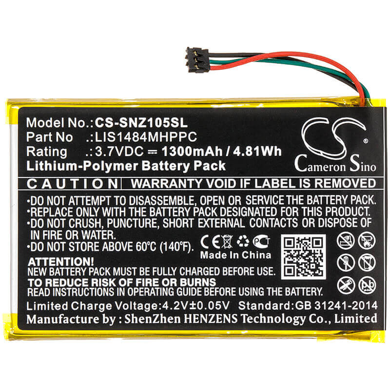 3.7V, Li-Polymer, 1300mAh, Media Player battery fits Sony, Lis1484mhppc, Nwz-z1050, Nwz-z1050n, 4.81Wh Media Player Cameron Sino Technology Limited