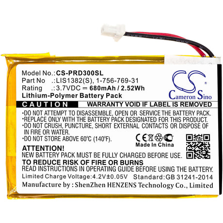3.7V, Li-Polymer, 680mAh, E-book, E-reader battery fits Sony, 1-756-769-31, Prs-300, Prs-300bc, 2.52Wh E-book, E-reader Cameron Sino Technology Limited