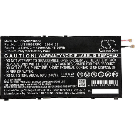 3.8V, Li-Polymer, 4100mAh, Tablet battery fits Sony, 1286-0138, Sgp611, Sgp612/w, 15.58Wh Tablet Cameron Sino Technology Limited