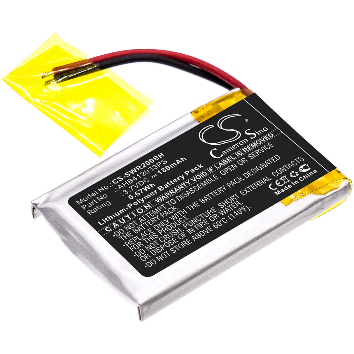 3.7V, Li-Polymer, 180mAh, Smartwatch battery fits Sony, Ahb412033ps, Smartwatch 2, Sw2, 0.67Wh Smartwatch Cameron Sino Technology Limited