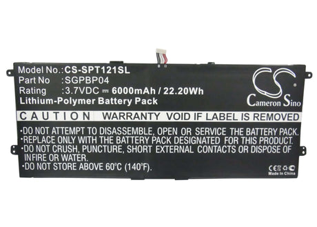 3.7V, Li-Polymer, 6000mAh, Tablet battery fits Sony, Sgpbp04, Gpt121, Sgpt121us/s, 22.20Wh Tablet Cameron Sino Technology Limited