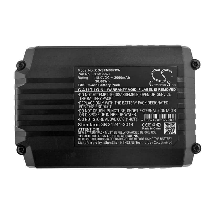 18.0V, Li-ion, 2000mAh, Power Tools battery fits Stanley, Black & Decker, Porter Cable, (V2), Fmc687l, Asd18 Typ 1, Asd18 Typ 2, 36Wh Power Tools Cameron Sino Technology Limited (Power Tools)