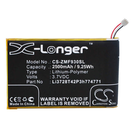 3.7V, Li-Polymer, 2500mAh, Hotspot battery fits T-mobile, Vodafone, Zte, Li3728t42p3h774771, Mf915, Srq-mf915, 9.25Wh Hotspot Cameron Sino Technology Limited