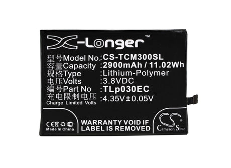3.8V, Li-Polymer, 2900mAh, SmartPhone battery fits Tcl, Tlp030ec, 3s, M3g, 11.02Wh Mobile, SmartPhone Cameron Sino Technology Limited (Suspended)