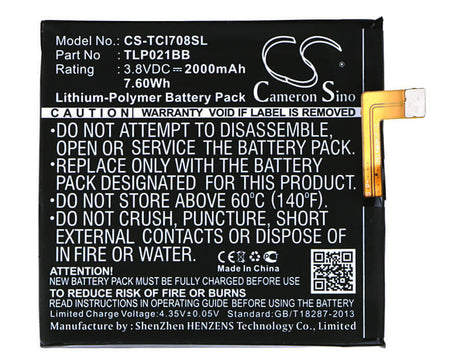 3.8V, Li-Polymer, 2000mAh, SmartPhone battery fits Tcl, Tlp021bb, I708u, I709m, 7.6Wh Mobile, SmartPhone Cameron Sino Technology Limited (Suspended)