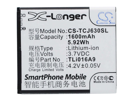 3.7V, Li-ion, 1600mAh, SmartPhone battery fits Tcl, Tli016a9, J600t, J630t, 5.92Wh Mobile, SmartPhone Cameron Sino Technology Limited (Smartphone)