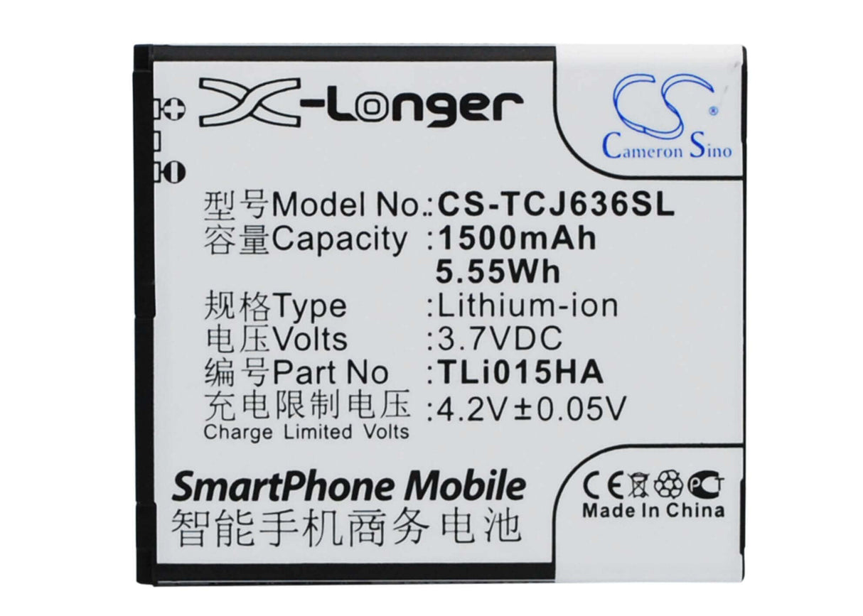 3.7V, Li-ion, 1500mAh, SmartPhone battery fits Tcl, Tli015ha, J636d, 5.55Wh Mobile, SmartPhone Cameron Sino Technology Limited (Smartphone)