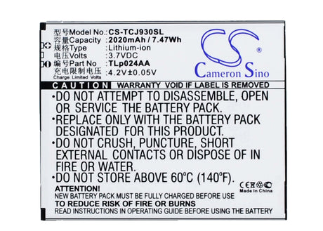 3.7V, Li-ion, 2020mAh, SmartPhone battery fits Tcl, Tlp024aa, J930, J930t, 7.47Wh Mobile, SmartPhone Cameron Sino Technology Limited (Suspended)