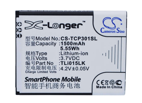 3.7V, Li-ion, 1500mAh, SmartPhone battery fits Tcl, Tli015ja, J326t, P301m, 5.55Wh Mobile, SmartPhone Cameron Sino Technology Limited (Suspended)