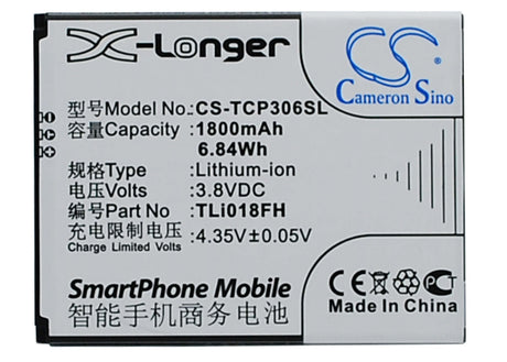3.8V, Li-ion, 1800mAh, SmartPhone battery fits Tcl, Tli018fh, J706t, P306c, 6.84Wh Mobile, SmartPhone Cameron Sino Technology Limited (Smartphone)