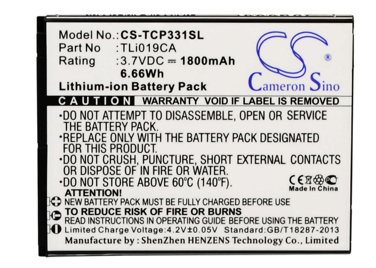 3.7V, Li-ion, 1800mAh, SmartPhone battery fits Tcl, Tli019ca, P331m, 6.66Wh Mobile, SmartPhone Cameron Sino Technology Limited (Smartphone)