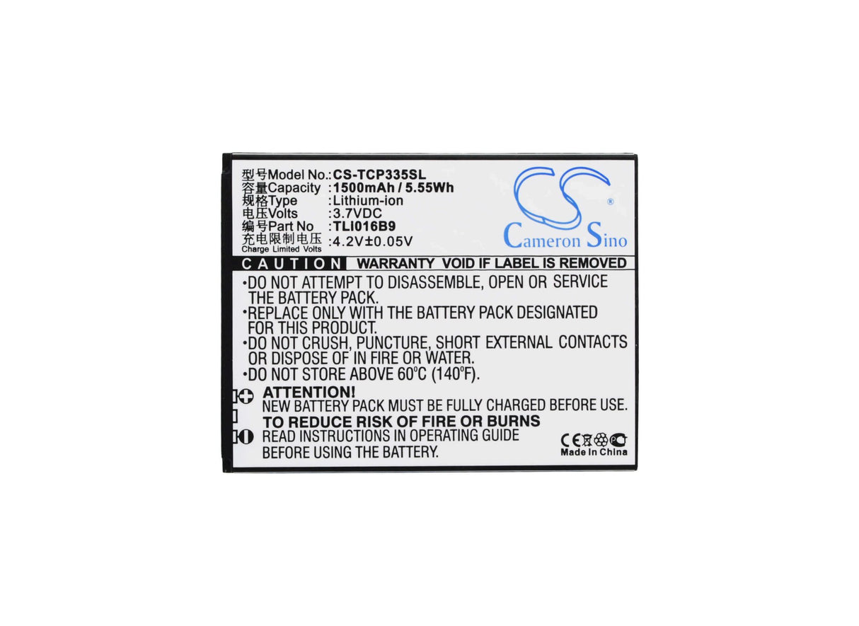 3.7V, Li-ion, 1500mAh, SmartPhone battery fits Tcl, Tli016b9, P332u, P335m, 5.55Wh Mobile, SmartPhone Cameron Sino Technology Limited (Suspended)