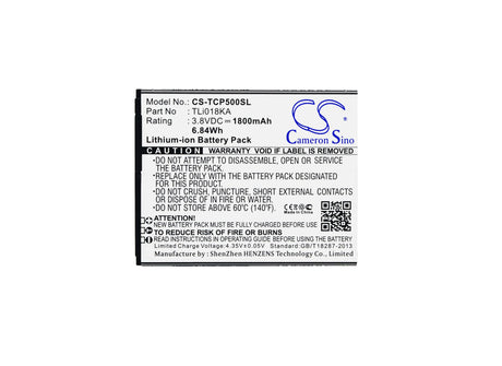 3.8V, Li-ion, 1800mAh, SmartPhone battery fits Tcl, Tli018ja, P316l, P500m, 6.84Wh Mobile, SmartPhone Cameron Sino Technology Limited (Suspended)