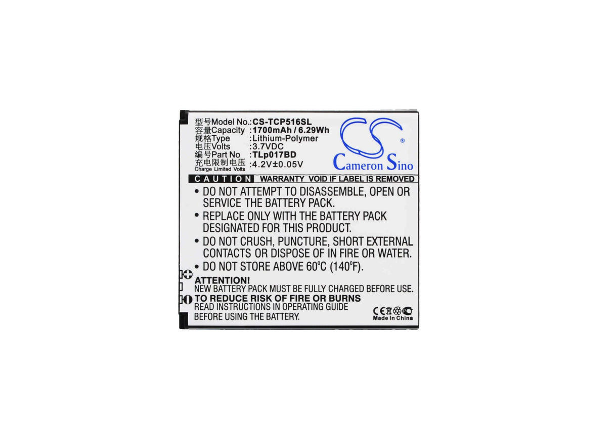 3.7V, Li-Polymer, 1700mAh, SmartPhone battery fits Tcl, Tlp017bd, P516l, 6.29Wh Mobile, SmartPhone Cameron Sino Technology Limited (Suspended)
