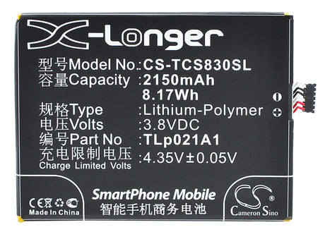 3.8V, Li-Polymer, 2150mAh, SmartPhone battery fits Tcl, Tlp021a1, S830u, S838m, 8.17Wh Mobile, SmartPhone Cameron Sino Technology Limited (Suspended)
