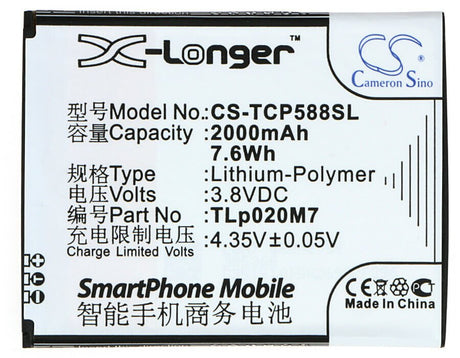 3.8V, Li-Polymer, 2000mAh, SmartPhone battery fits Tcl, Tlp020m7, P588l, Tcl P588, 7.6Wh Mobile, SmartPhone Cameron Sino Technology Limited (Smartphone)