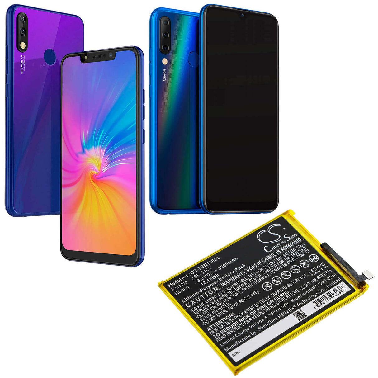 3.8V, Li-Polymer, 3200mAh, SmartPhone battery fits Tecno, Bl-34ct, Camon 11s, Camon I4, 12.16Wh Mobile, SmartPhone Cameron Sino Technology Limited (Smartphone)