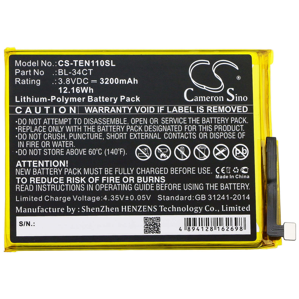 3.8V, Li-Polymer, 3200mAh, SmartPhone battery fits Tecno, Bl-34ct, Camon 11s, Camon I4, 12.16Wh Mobile, SmartPhone Cameron Sino Technology Limited (Smartphone)