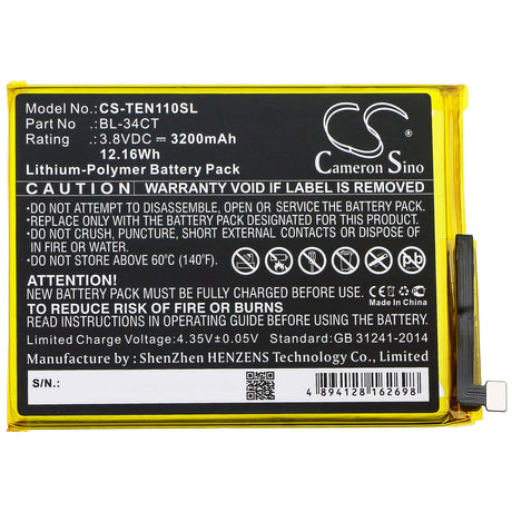 3.8V, Li-Polymer, 3200mAh, SmartPhone battery fits Tecno, Bl-34ct, Camon 11s, Camon I4, 12.16Wh Mobile, SmartPhone Cameron Sino Technology Limited (Smartphone)